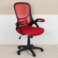 Flash Furniture HL-0016-1-BK-RED-GG High Back Red Mesh Ergonomic Swivel Office Chair with Black Frame and Flip-up Arms